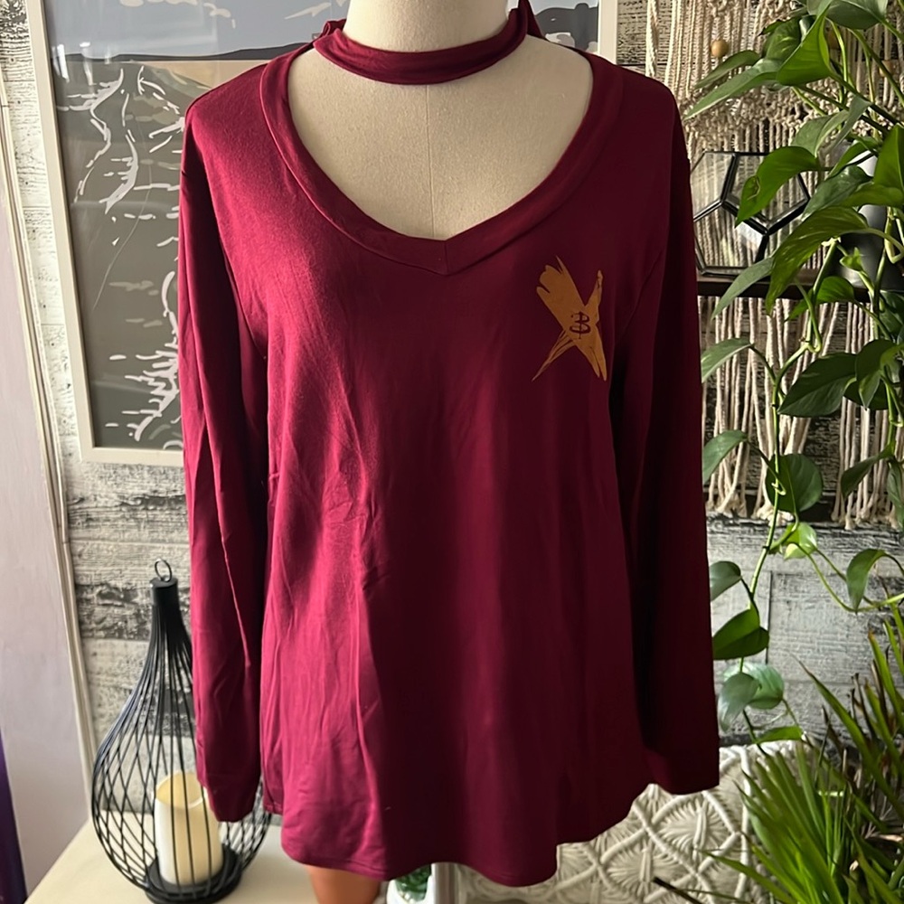 Buffy The Vampire Slayer Bordeaux colored long sleeve top with neck piece.